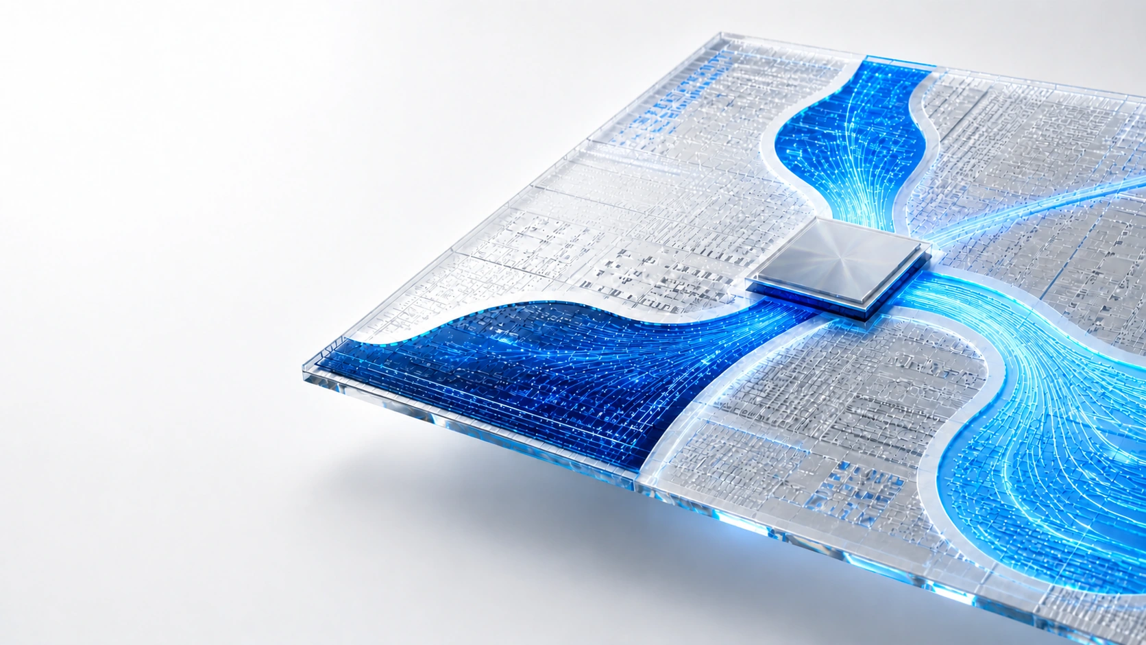Blue semiconductor light pathways flowing through a central silicon axis
